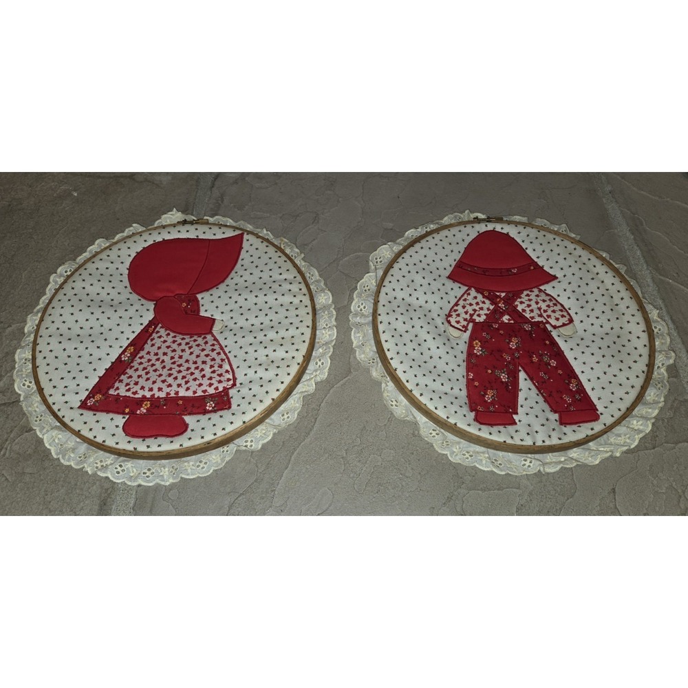 SET VINTAGE SUNBONNET SUE & OVERALL BILL Wall Art Hangings Embroidery Wood Hoops